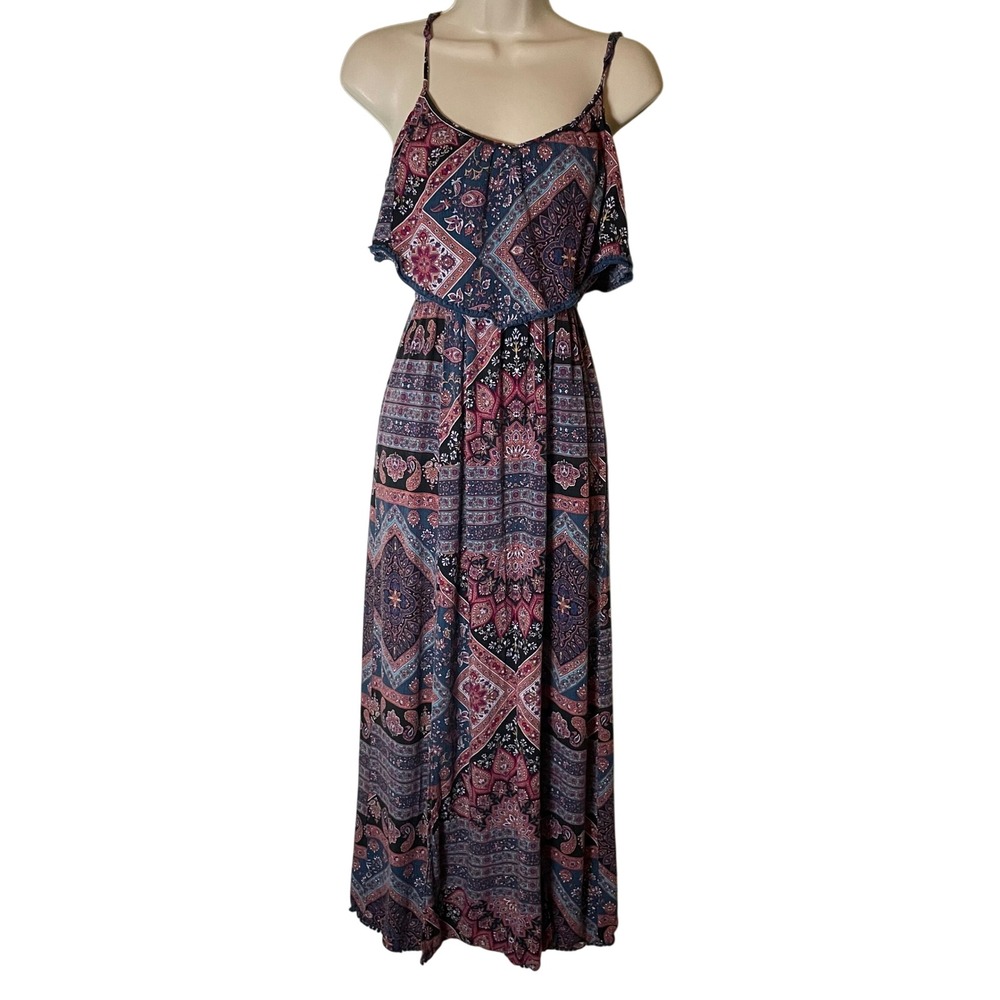American Eagle Maxi Dress XS Paisley Strappy Back Side Slits Boho Tapestry